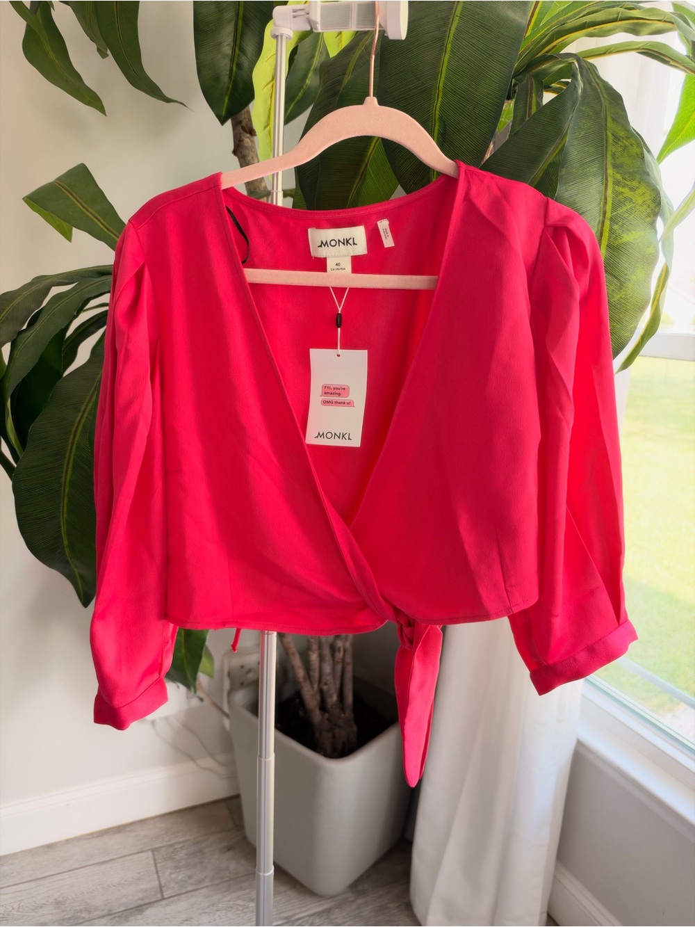 Monki Pink Tie-Front V-Neck Crop Top